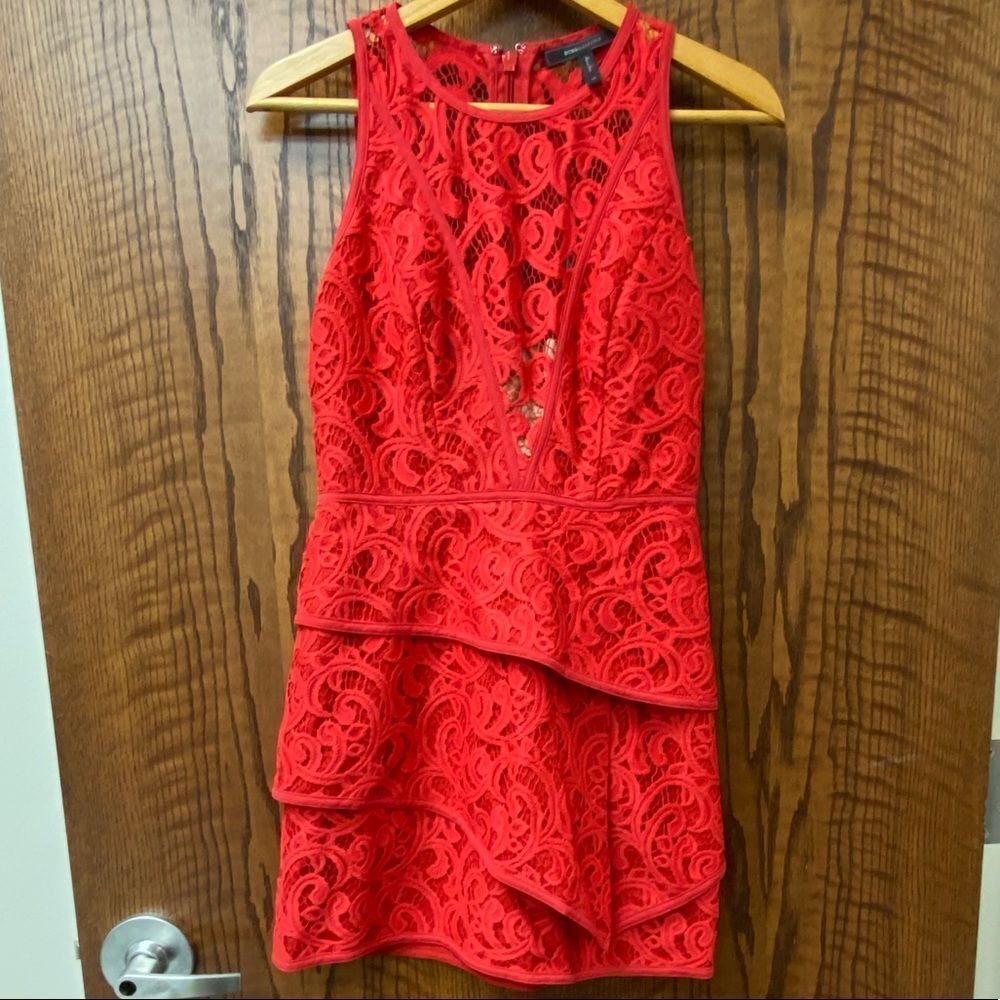 Bcbgmaxazria Red Hanah Scroll Lace Mini Dress - Sleeveless - Picture 3 of 11